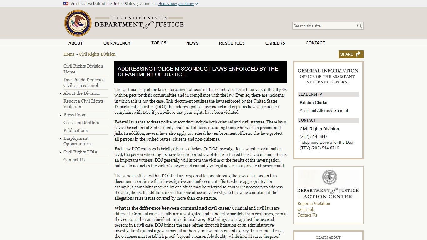 Addressing Police Misconduct Laws Enforced By The Department Of Justice